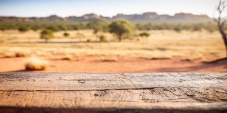 The empty wooden table top with blur background of Australian outback. Exuberant image.の素材
