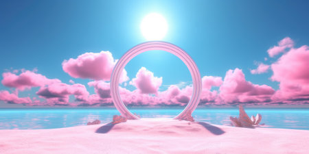 3d rendering abstract fantasy background. Surreal fantastic landscape. Blue sky, white fluffy clouds, neon round linear frame, calm water, pink sand dunes. Virtual reality paradise wallpaperの素材
