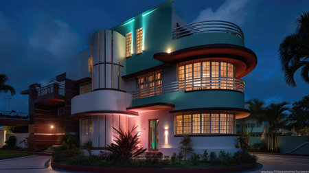 Home architecture design in Art Deco Style with Circular driveway constructed by Concrete, Glass, and Metal material. Streamlined moderne design. Generative AI AIG25 .の素材
