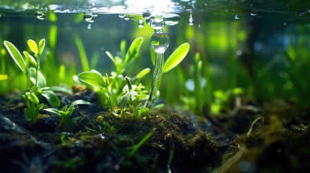 half underwater, macro photography, stream of fresh water, young green plant, outdoor springtime. beautiful Generative AI AIG32の素材