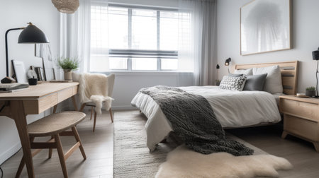 Bedroom decor, home interior design . Scandinavian Minimalist style with Statement Pendant decorated with Wood and White Walls material . Generative AI AIG26.の素材