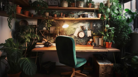 Modern workplace with a laptop in room decorated with green potted plants. Generative AI AIG27.の素材