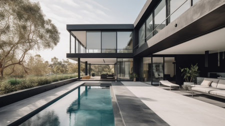 Home architecture design in Contemporary Style with Cantilevered constructed by Glass and Steel material. Contemporary architecture style. Generative AI AIG25 .の素材