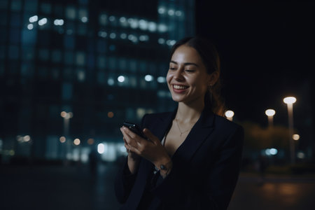 Wide angle shot of a young caucasian businesswoman executive using mobile phone with background of modern office buildings at night. Generative AI AIG18.の素材