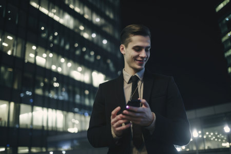 Wide angle shot of a young caucasian businessman executive using mobile phone with background of modern office buildings at night. Generative AI AIG18.の素材
