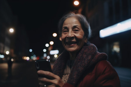 Wide angle shot of a senior mexican hispanic woman trendy clothes using mobile phone with background of urban city street at night. Generative AI AIG18.の素材