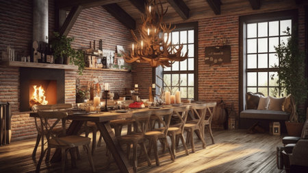 Interior design inspiration of Rustic Industrial style home dining room loveliness decorated with Brick and Metal material and Fireplace .Generative AI home interior design .の素材