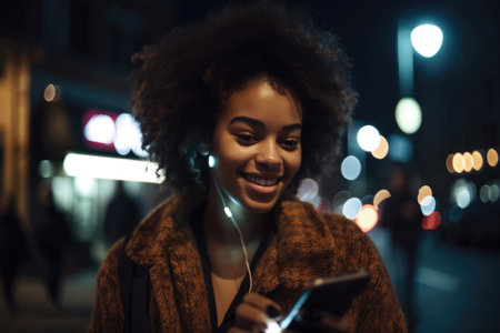 Low angle shot of a young african-american woman trendy clothes using mobile phone with background of urban city street at night. Generative AI AIG18.の素材