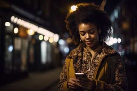 Wide angle shot of a young african-american woman trendy clothes using mobile phone with background of urban city street at night. Generative AI AIG18.の素材