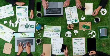 Panorama top view of business people planning business marketing with environmental responsibility...