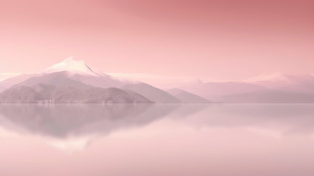 Beautiful mountain lake and natural environment in the morning background. Tranquil pink pastel sunset light in panoramic mountainous and nature lake shore scenery. Picturesque generative AIの素材