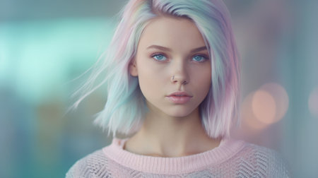 Winter pink paste outfit with beautiful female model, colorful dyed hair and fashionable teenager girl. Picturesque generative AIの素材