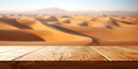 The empty wooden brown table top with blur background of desert dune mountain. Exuberant image.の写真素材