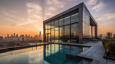 Home architecture design in Modern Style with Glass box constructed by Steel and Glass material. Mid-Century Modern design. Generative AI AIG25 .の素材