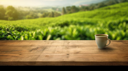 The empty wooden table top with blur background of tea plantation. Generative AI image AIG30.の素材