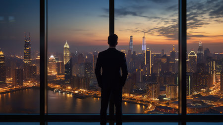 Rear view businessman in modern office with large window looking at cityscape with sunlight in cityscape. Picturesque generative AIの素材