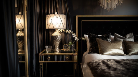 Bedroom decor, home interior design . Art Deco Glamorous style with Chandelier decorated with Brass and Velvet material . Generative AI AIG26.の素材