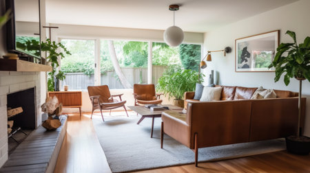 Living room decor, home interior design . Mid-Century Modern Scandinavian style with Fireplace decorated with Teak and Leather material . Generative AI AIG26.の素材