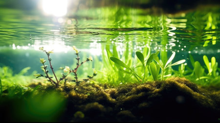 half underwater split, macro photography, stream of fresh water, young green plant, outdoor springtime. beautiful Generative AI AIG32の素材