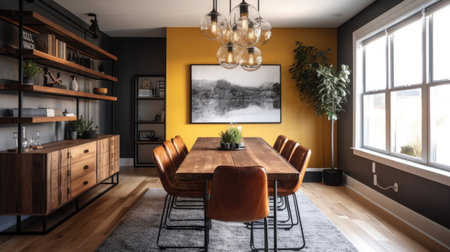 Interior design inspiration of Mid-Century Modern Industrial style home dining room loveliness decorated with Walnut and Metal material and Statement Light Fixture .Generative AI home interior designの素材