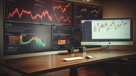 The side view of a multi computer screen displaying multiple financial reports, graphs and pie in corporate office background. beautiful Generative AI AIG32の素材
