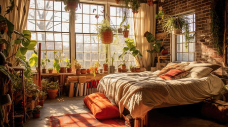 Bedroom decor, home interior design . Rustic Bohemian style with Window decorated with Brick and Textile material . Generative AI AIG26.の素材