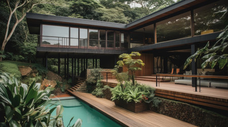 Home architecture design in Ranch Style with Porch constructed by Brick and Wood siding material. Ranch style. Generative AI AIG25 .の素材
