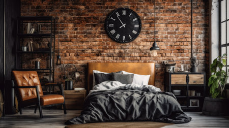 Bedroom decor, home interior design . Industrial Rustic style with Brick Wall decorated with Concrete and Metal material . Generative AI AIG26.の素材