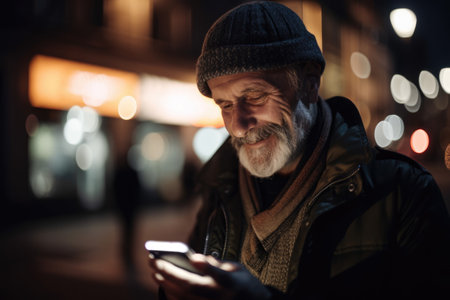 a young caucasian man trendy clothes using mobile phone with background of urban city street at night Generative AI AIG18.の素材