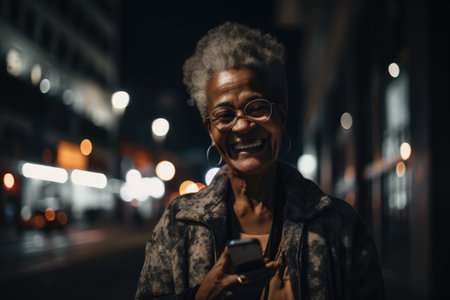 Wide angle shot of a senior african-american woman trendy clothes using mobile phone with background of urban city street at night. Generative AI AIG18.の素材