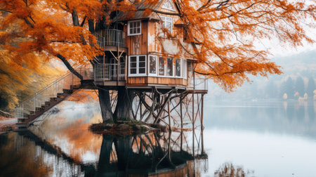 The exterior design of lakeside treehouse in autumn. Generative AI AIG30.の素材