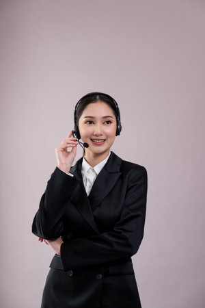 Attractive asian female call center operator with happy smile face advertises job opportunity on empty space, wearing a formal suit and headset on customizable isolated background. Enthusiasticの写真素材