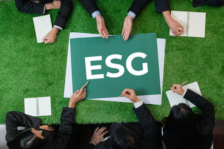 Top view panoramic banner ESG symbol on green grass meeting table with group of diverse business people planning marketing with eco-friendly awareness as environmental social governance concept.Quaintの写真素材