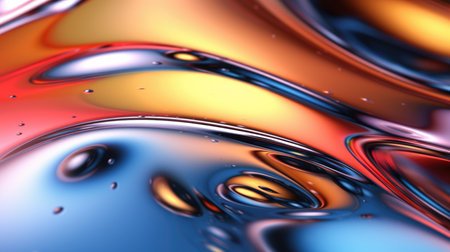 The close up of a glossy liquid surface abstract in red, yellow, and blue colors with a soft focus. 3D illustration of exuberant.の写真素材