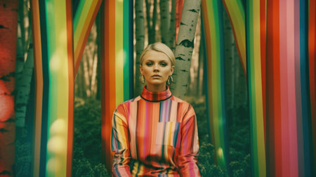 Young female model posing with trendy fashion outfit in colorful rainbow in forest background. Picturesque generative AIの素材
