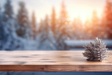 The empty wooden brown table top with blur background of home room in winter. Generative AI image AIG30.の素材
