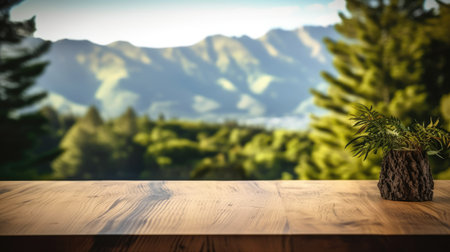 The empty wooden brown table top with blur background of New Zealand nature. Generative AI image AIG30.の素材