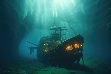 Glowing sunken pirate ship underwater with a giant squid. beautiful Generative AI AIG32の素材