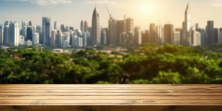 The empty wooden table top with blur background of city park skyline. Exuberant image.の写真素材