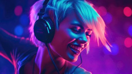 candid shot of an excited young scandinavian woman party with headphones. beautiful Generative AI AIG32の素材