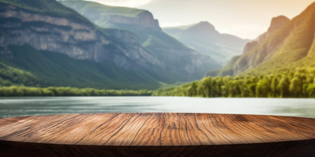 The empty wooden brown table top with blur background of river and mountain. Exuberant image.の写真素材