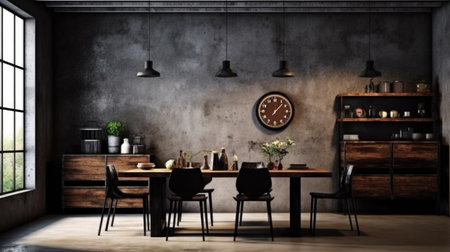 Interior design inspiration of Industrial Minimal style home dining room loveliness decorated with Concrete and Metal material and Pendant Light .Generative AI home interior design .の素材