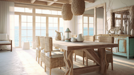 Interior design inspiration of Coastal Bohemian style home dining room loveliness decorated with Wood and Wicker material and Seashell Chandelier .Generative AI home interior design .の素材