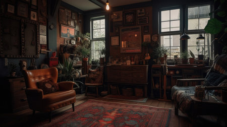 Living room decor, home interior design . Bohemian Industrial style with Gallery Wall decorated with Woven Fabric and Metal material . Generative AI AIG26.の素材