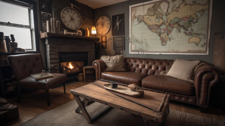 Living room decor, home interior design . Rustic Industrial style with Stone Fireplace decorated with Wood and Metal material . Generative AI AIG26.の素材