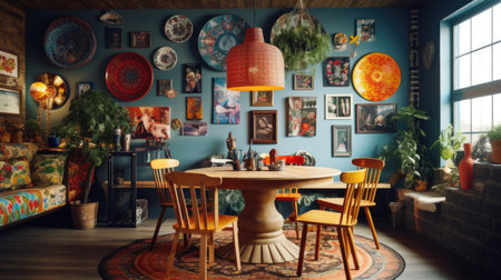 Interior design inspiration of Bohemian Eclectic style home dining room loveliness decorated with Wood and Textile material and Gallery Wall .Generative AI home interior design .の素材