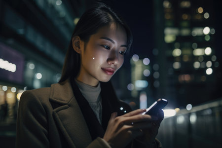 a young chinese japanese businesswoman executive using mobile phone with background of modern office buildings at night Generative AI AIG18.の素材