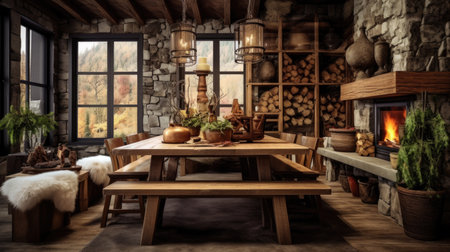 Interior design inspiration of Rustic Industrial style home dining room loveliness decorated with Stone and Wood material and Fireplace .Generative AI home interior design .の素材