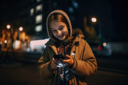 Wide angle shot of a young caucasian 10-year-old little girl trendy clothes using mobile phone with background of urban city street at night. Generative AI AIG18.の素材