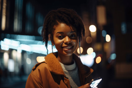 Low angle shot of a young african-american woman trendy clothes using mobile phone with background of urban city street at night. Generative AI AIG18.の素材